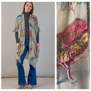 One Hundred Stars Oriental Landscape Grey Wool Throwover Poncho Shawl One Size